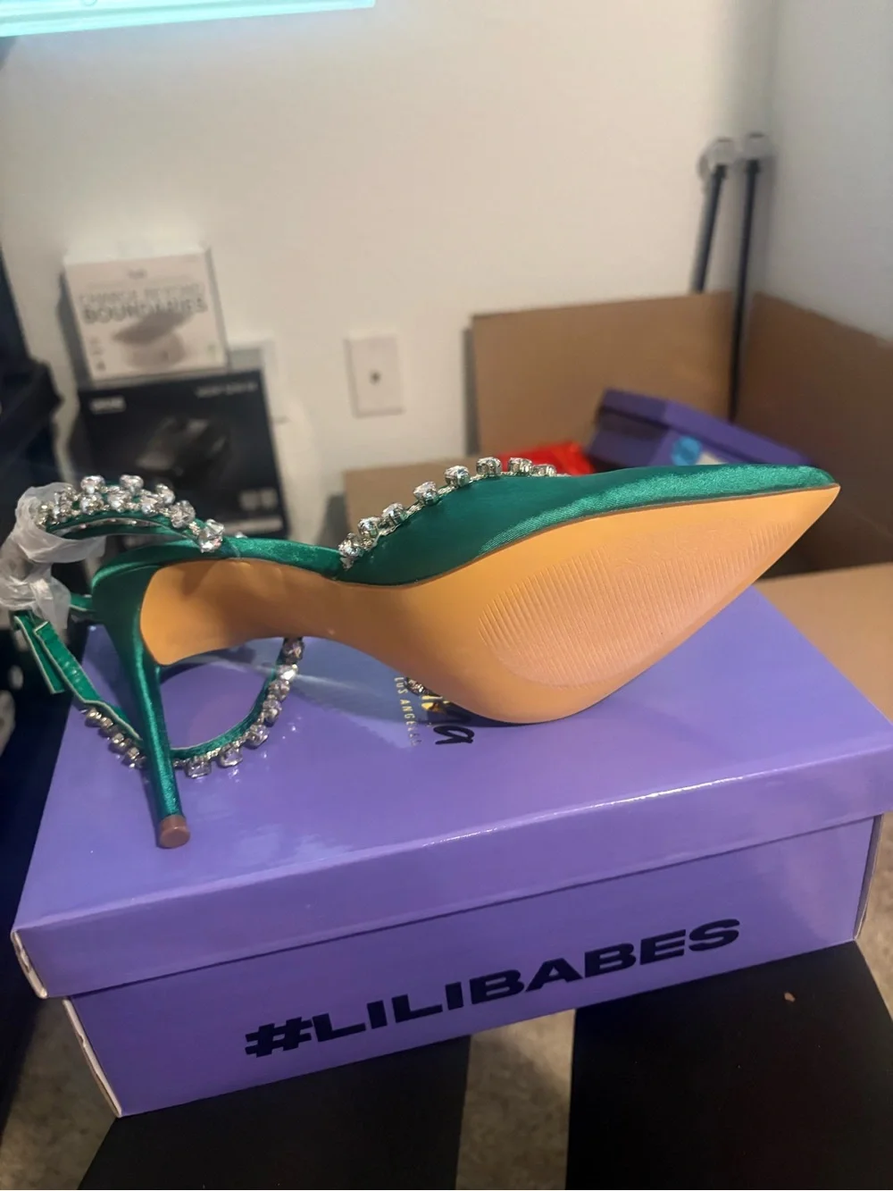 Green Satin Crystal-Embellished Stiletto Mule